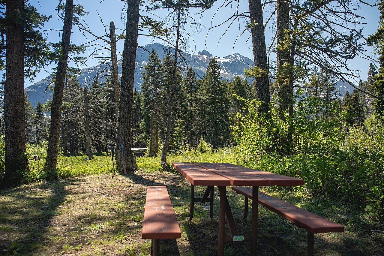 Picnic table at a Rising Sun campsite with conifers and a snow-patched mountain behind