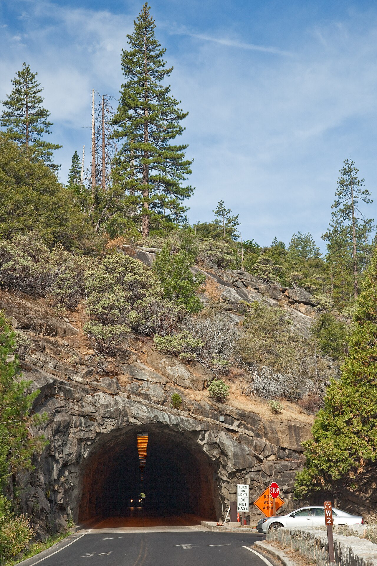 West portal of the Wawona Tunnel cut into granite below pine-covered slopes, with a car at the entrance